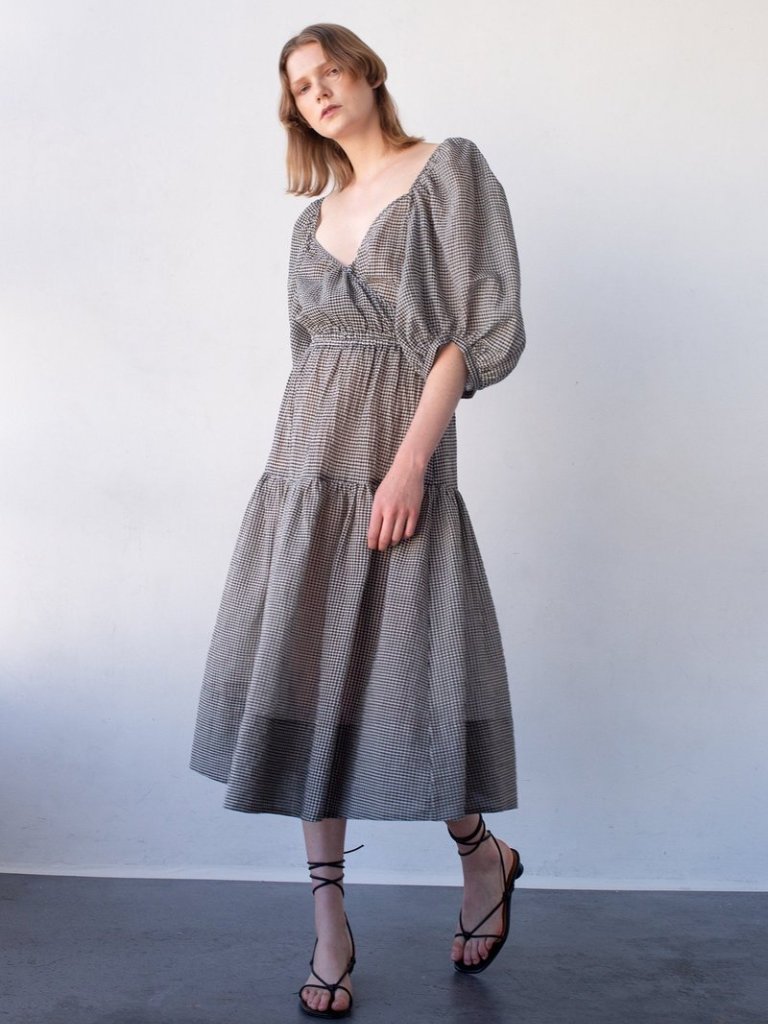 Shaina Mote Gilot Linen Blend Midi Dress - Black/White Gingham — image 2 of 8